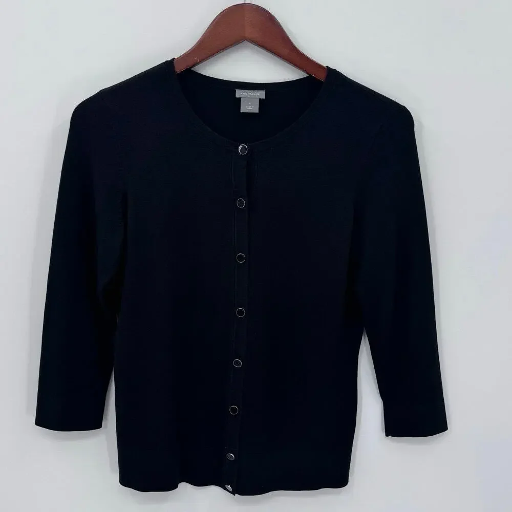 Ann Taylor Black Cardigan Button Front 3/4 Sleeve Classic Minimalist Size Small - Picture 2 of 7
